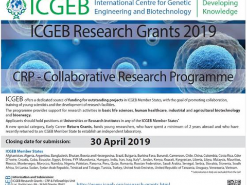 APPLICATION FOR COLLABORATIVE RESEARCH PROGRAMME (CRP) (3rd call) , INTERNATIONAL CENTRE FOR GENETIC ENGINEERING AND BIOTECHNOLOGY (ICGEB) RESEARCH GRANTS 2019