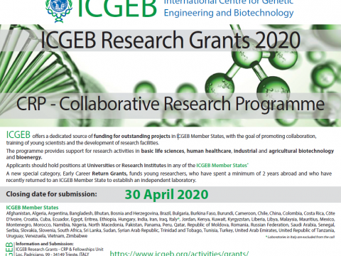 DEADLINE: 30 April 2020 , APPLICATION FOR COLLABORATIVE RESEARCH PROGRAMME (CRP) , INTERNATIONAL CENTRE FOR GENETIC ENGINEERING AND BIOTECHNOLOGY (ICGEB) RESEARCH GRANTS 2020