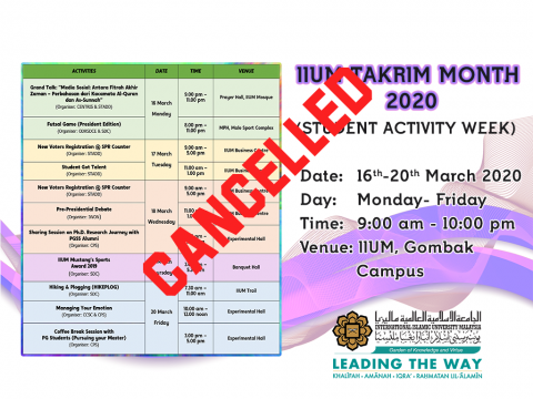 Cancellation of Student Activity Week In Conjunction of IIUM Takrim Month 2020