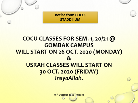 DATES FOR COCU AND USRAH CLASSES FOR SEM. 1, 20/21