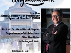 Congratulations to Prof. Ar. Dr. Abdul Razak Sapian!