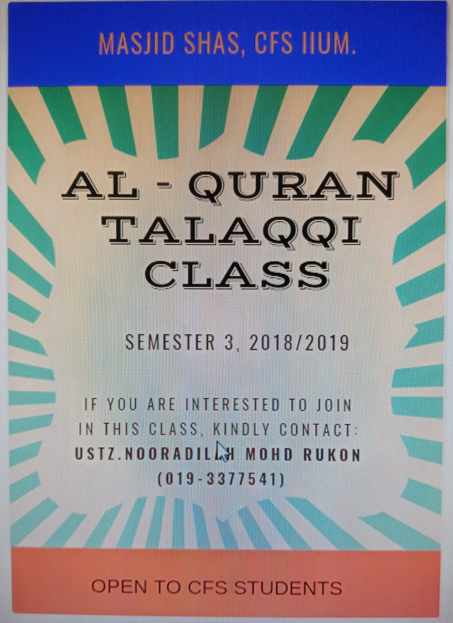 TALAQQI CLASS FOR CFS STUDENTS SEMESTER 3, 2018/2019