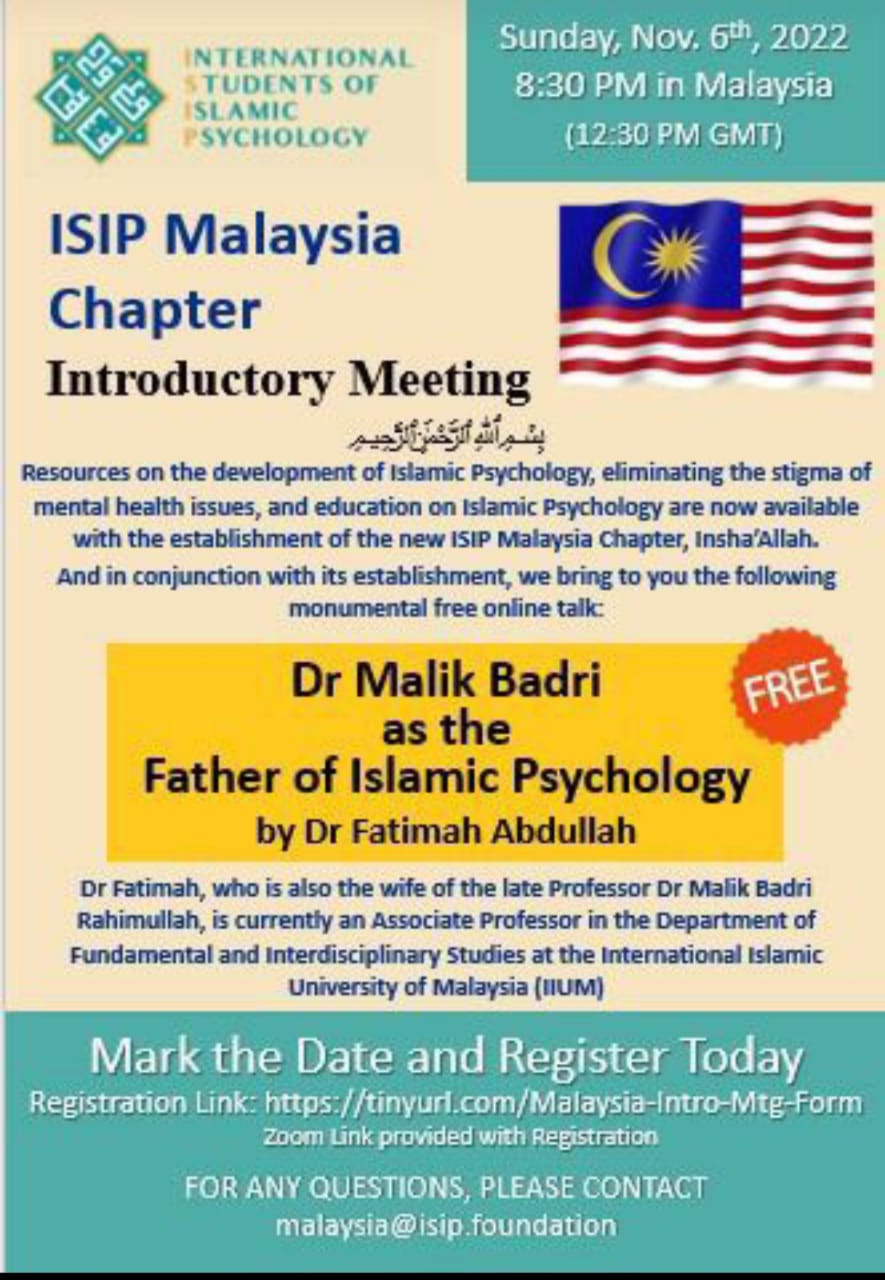 ISIP MALAYISIA Chapter Introductory Meeting:  Dr Malik Badri as the Father of Islamic Pyschology